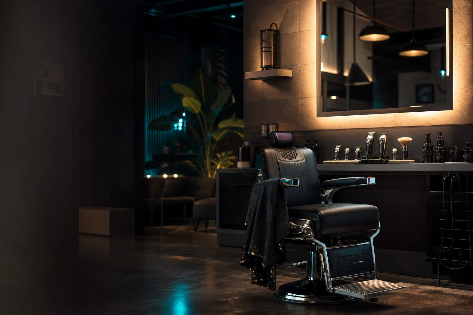Silla de barbería moderna con herramientas de corte organizadas