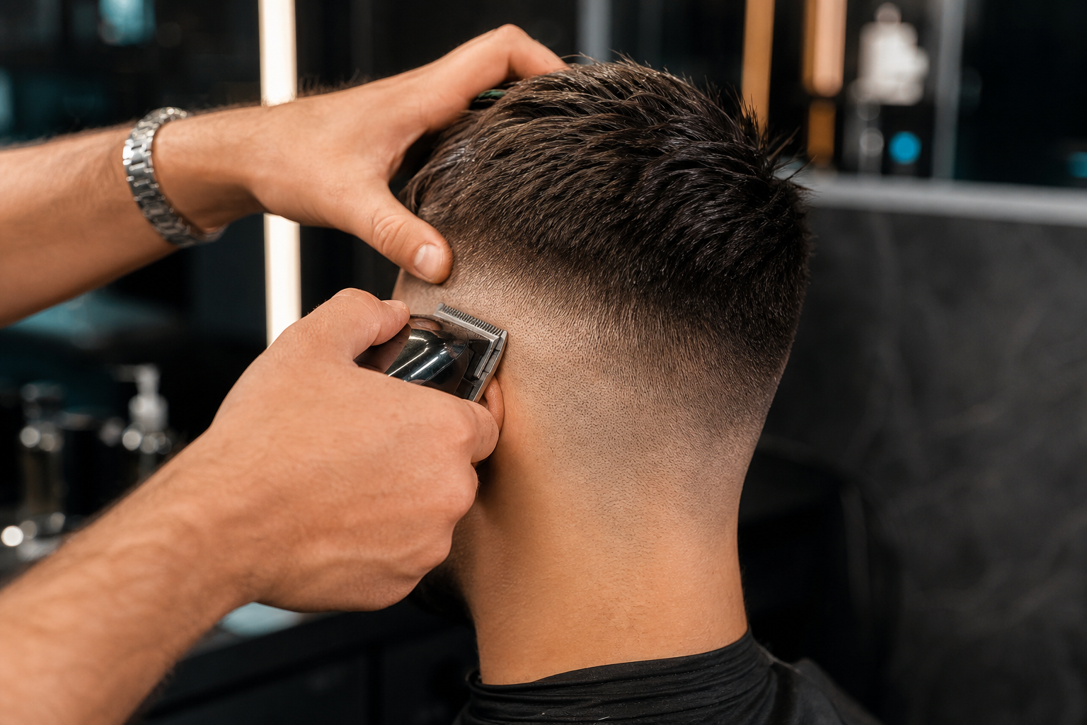 Manos trabajando un fade con máquina en una barbería moderna