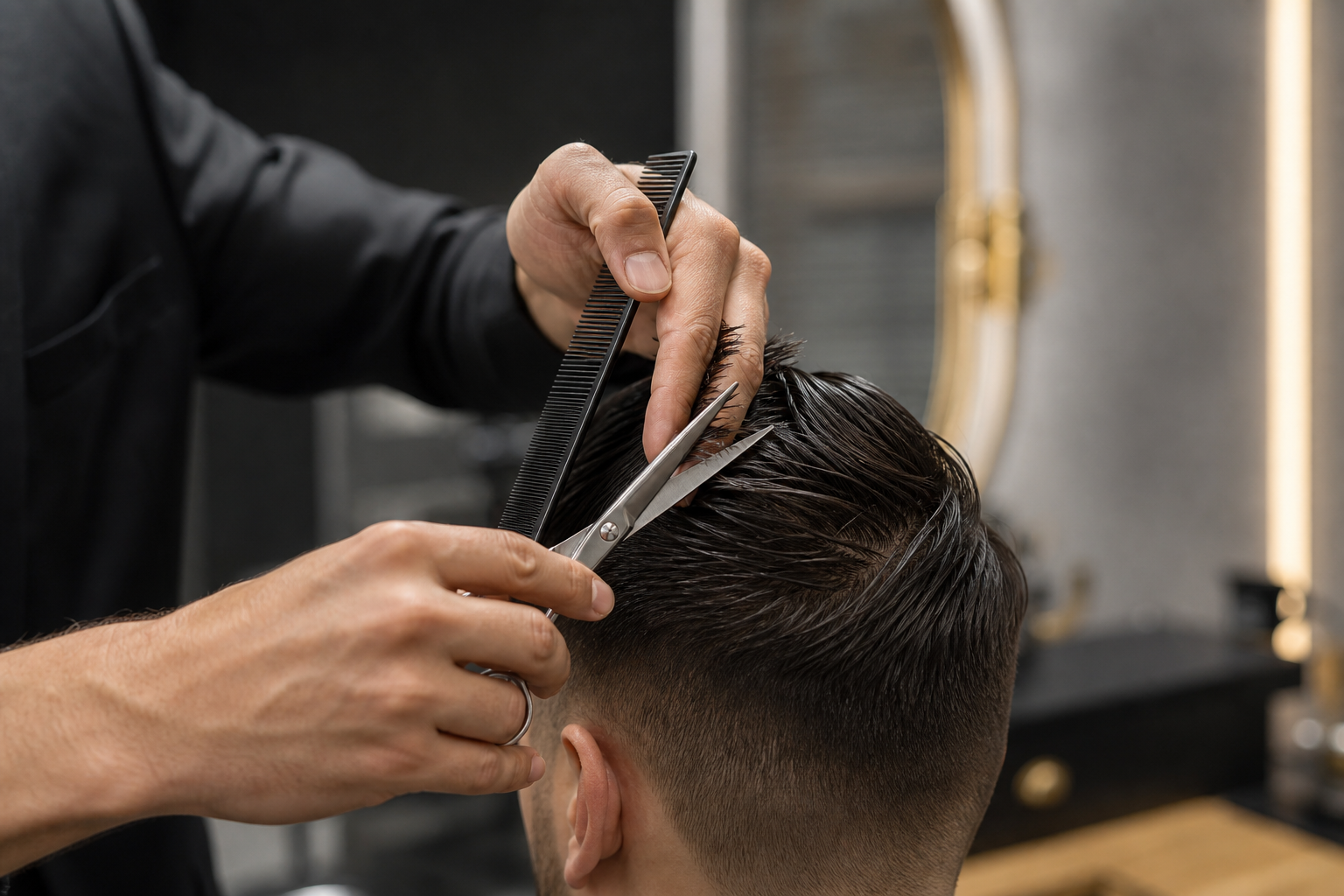Manos recortando cabello con tijera y peine en una barbería moderna